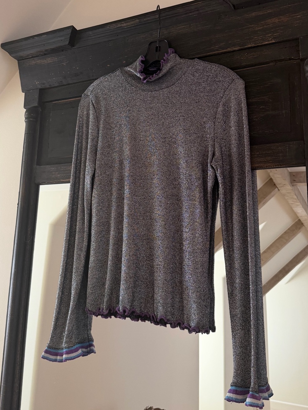 Splendid Silver Metallic Long Sleeve Ruffled Tee with Purple Trim